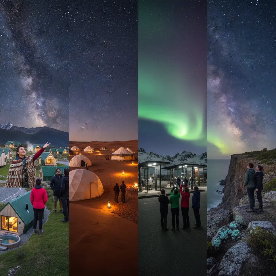 Panoramic collage of iconic dark sky destinations: a Māori guide pointing to the Milky Way above solar-heated eco-lodges at Aoraki Mackenzie, a desert camp in NamibRand lit by starlight and solar lanterns, the Northern Lights dancing over electric-shuttle drop-off sites in Jasper, and coastal cliffs of Exmoor under a sea of stars with faint bioluminescent fungi glowing beneath.