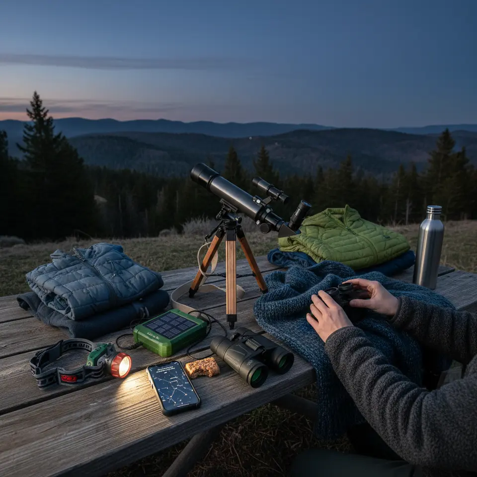 Flat-lay of eco-friendly stargazing gear: a compact, low-power telescope alongside high-quality binoculars on a sustainable-wood tripod; a headlamp with a red filter; a portable solar charger and hand-crank generator; layered cold-weather clothing; and a smartphone displaying an offline star-map app.