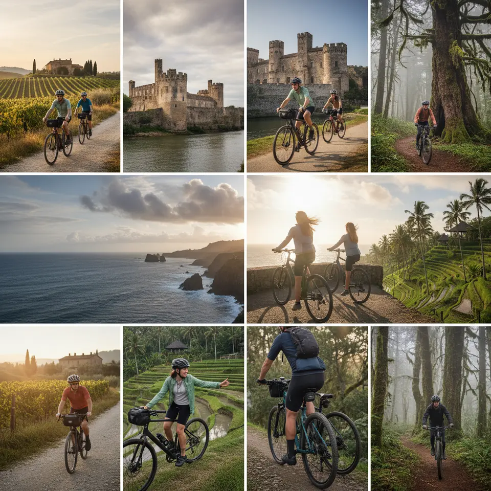 Top Routes for Sustainable Bike Travel: a vibrant montage showcasing five eco-cycling landscapes—cyclists pedaling through sunlit Tuscan vineyards and olive groves, a castle-lined Loire River bike path, wind-swept Pacific Coast cliffs with ocean views, verdant Bali rice terraces with riders on e-bikes, and a misty Vancouver Island rainforest trail winding past old-growth trees