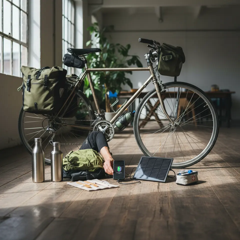 Essential Gear and Technology for Eco-Friendly Cycling: a flat-lay scene of a touring bike fitted with racks and panniers, a front-wheel dynamo hub charging a smartphone, a foldable solar panel, quick-dry cycling apparel and convertible jacket, reusable water bottles and bamboo cutlery, plus a compact repair and first-aid kit neatly arranged