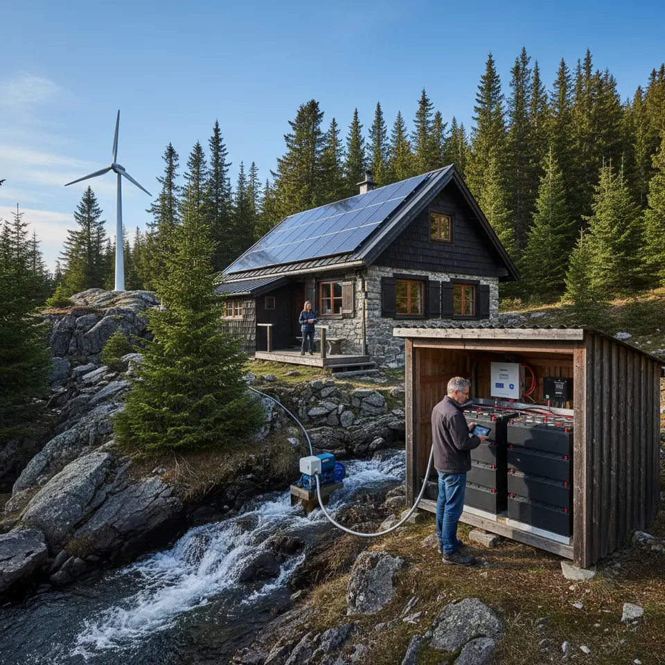 A hybrid renewable energy microgrid powering an off-grid mountain retreat: rooftop solar panels, a small wind turbine on a ridge, a micro-hydro generator in a nearby stream, lithium-ion battery storage, surrounded by spruce and fir trees under crisp blue skies