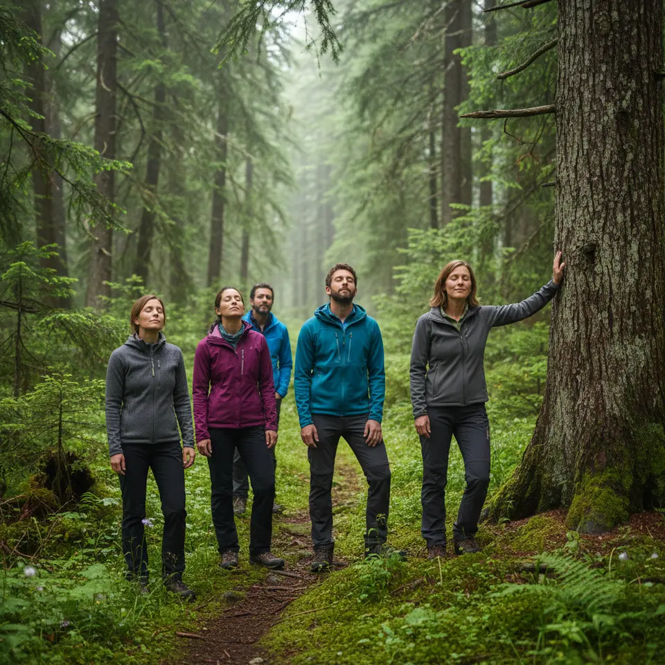 An immersive forest-bathing (Shinrin-yoku) experience in an alpine woodland: a small group led by a naturalist walking along a moss-covered trail, gently touching bark, eyes closed in mindful breathwork, with soft sunlight filtering through cypress and fir canopies