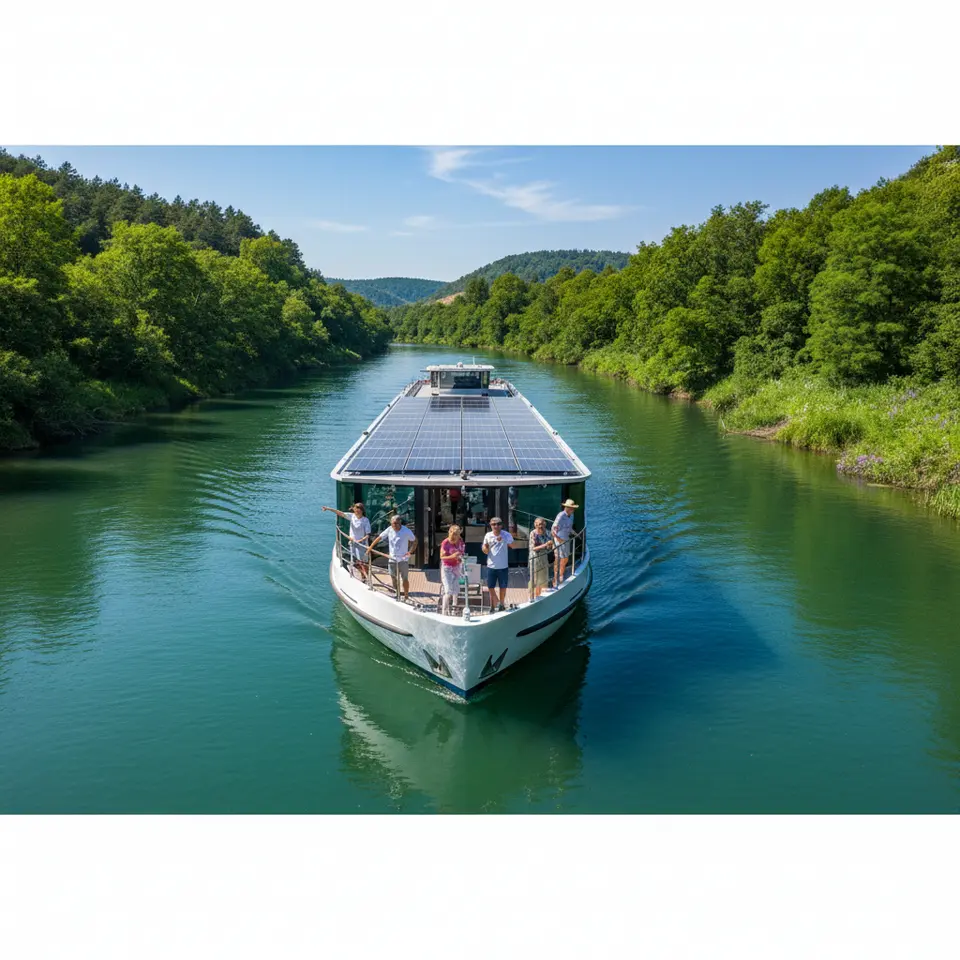 Modern eco-friendly river cruise ship powered by hybrid propulsion and rooftop solar panels, with a sleek, optimized hull gliding through a pristine river surrounded by lush green banks under a clear sky
