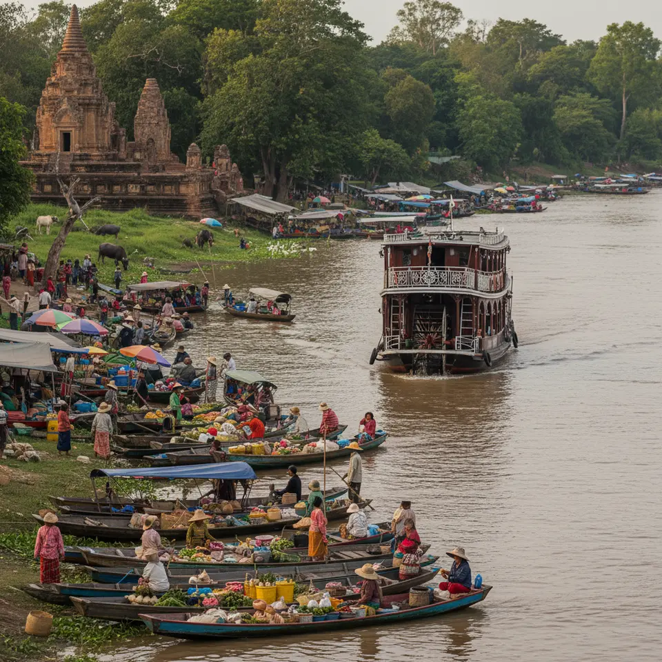 Boutique paddle-wheeler on the Mekong River passing colorful floating markets and ancient temple ruins, with biodiverse floodplains teeming with wildlife and local villagers in traditional dress along the shore