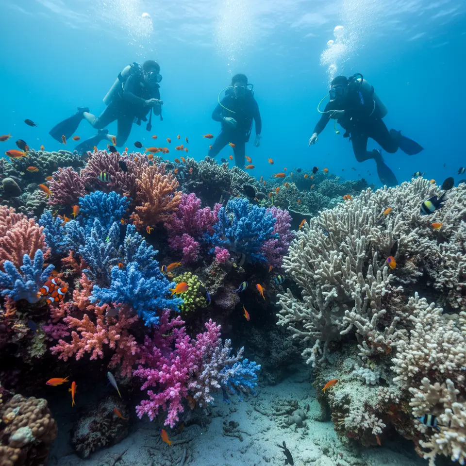 A vibrant cross‐section of a healthy coral reef showing colorful branching corals inhabited by tiny polyps with glowing zooxanthellae algae, schools of tropical fish swimming through crevices, and an adjacent bleached coral patch to illustrate bleaching stress
