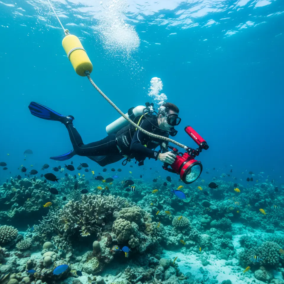 An underwater scene of a scuba diver practicing neutral buoyancy above a reef using the frog kick, holding a stabilized wide‐angle camera, keeping safe distance from marine life, and anchored to a designated mooring buoy without touching the corals