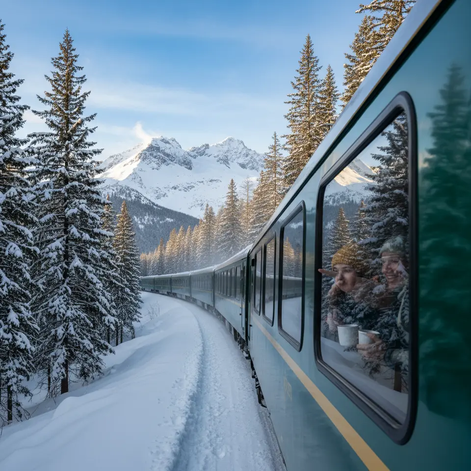 A panoramic winter scene of a sleek, low-emission train snaking through snow-covered mountain passes and whispering pine forests, with panoramic windows revealing glistening peaks under a clear blue sky—illustrating an eco-friendly rail journey.
