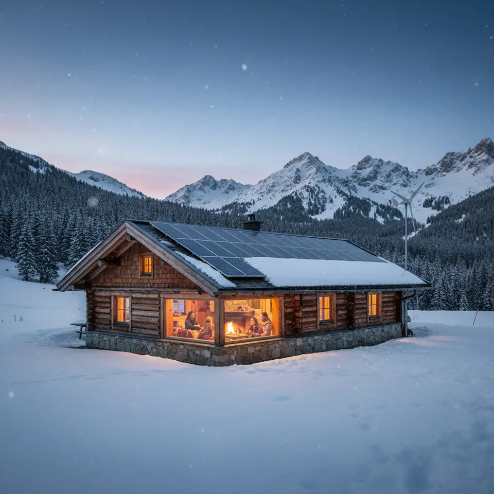 A cozy, solar-powered mountain lodge nestled in a pristine alpine meadow blanketed with snow, constructed from locally sourced timber and stone, topped with rooftop solar panels and a small wind turbine, with soft warm light glowing through large windows—all against a backdrop of snow-tipped evergreens.