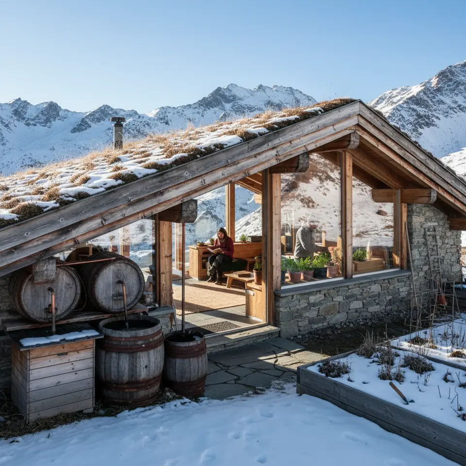 Sustainable Alpine Lodge Architecture: a solar-powered chalet nestled in snow-capped peaks, featuring a living green roof with native alpine plants, expansive south-facing glass windows, thermal-mass stone floors, natural timber beams, visible rainwater-harvesting barrels, compost bins and an adjacent herb garden—set against crisp mountain skies.