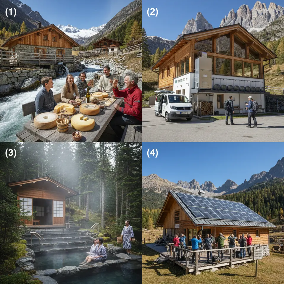 Global Eco-Friendly Alpine Destinations Montage: a four-panel collage depicting (1) a Swiss Alps eco-chalet beside a mountain stream with a micro-hydro turbine and cooperative cheese-tasting setup; (2) an Italian Dolomites bio-refugio with biomass boiler, rainwater cisterns and an electric shuttle stop; (3) a Japanese Alps minimalist ryokan offering closed-loop onsen baths amid cedar forest; (4) a North American Rocky Mountain solar-powered wilderness lodge with rooftop panels and guests participating in wildlife monitoring.