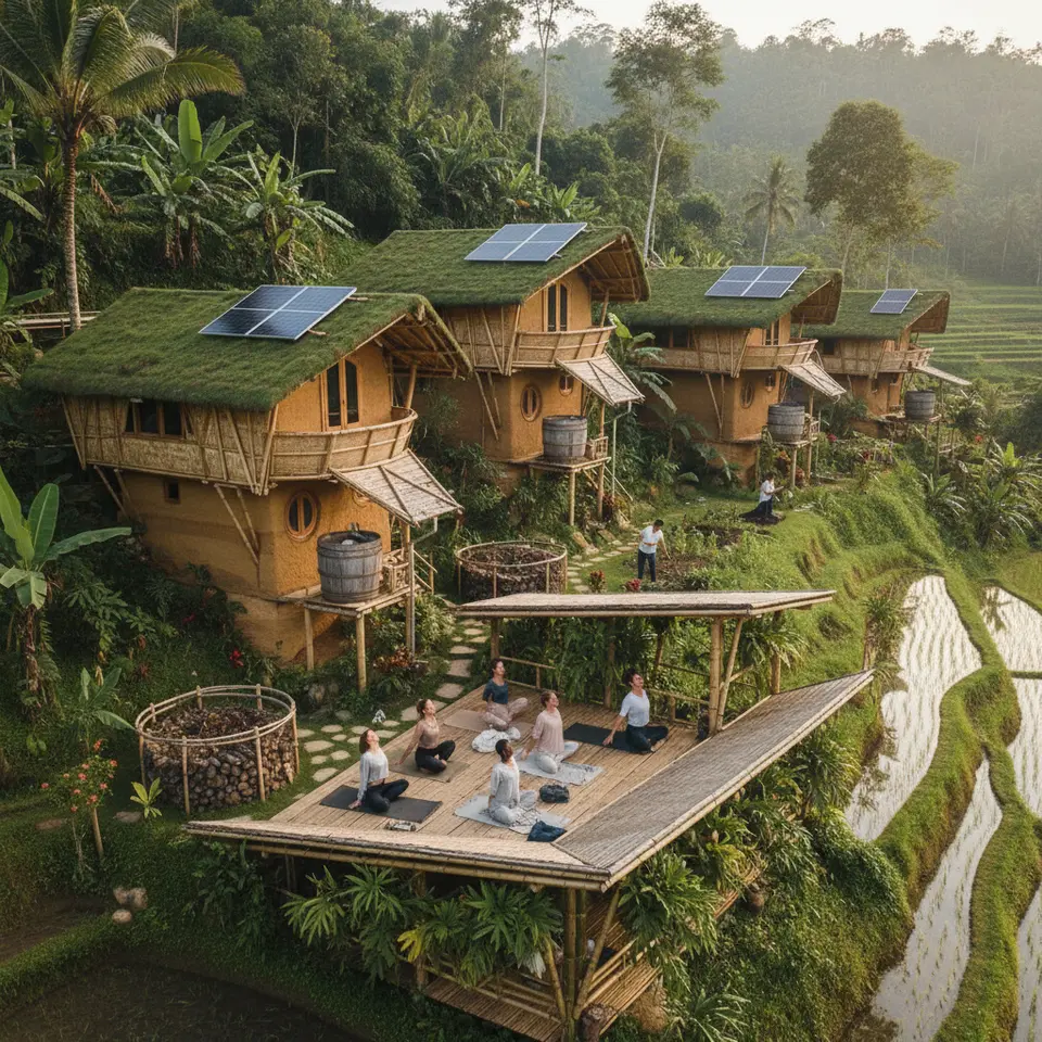 Eco-Conscious Retreat Architecture: A cluster of handcrafted bamboo and rammed-earth cabins nestled into a lush jungle hillside, solar panels on rooftops, rainwater-harvesting barrels, composting stations, and an open-air yoga pavilion draped with hanging vines and overlooking rice terraces.