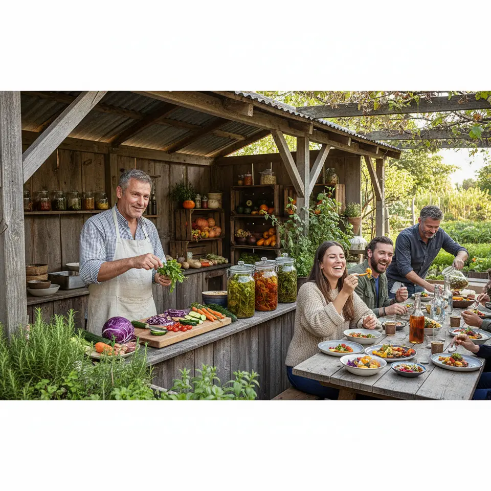 Farm-to-Table Gastronomy Demonstration: A rustic outdoor kitchen set against an herb-garden backdrop, with a chef presenting a zero-waste, plant-based recipe using freshly harvested vegetables, wooden crates of seasonal produce, glass jars of herbal infusions, and diners sampling dishes at a communal farmhouse table.